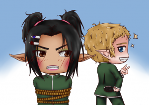 Deckard putting make-up on Leander chibis